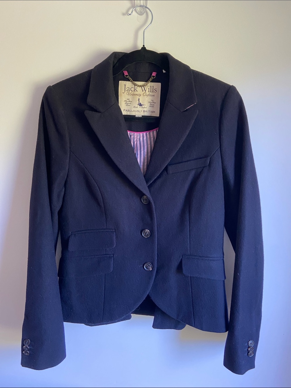 Jack Wills Navy Women's Tailored Blazer with Pink Lining Detail